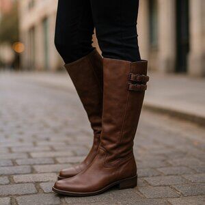 MATISSE ANTHRO Trooper Brown Leather Tall Riding Boots 9 Moto Buckles Lived In